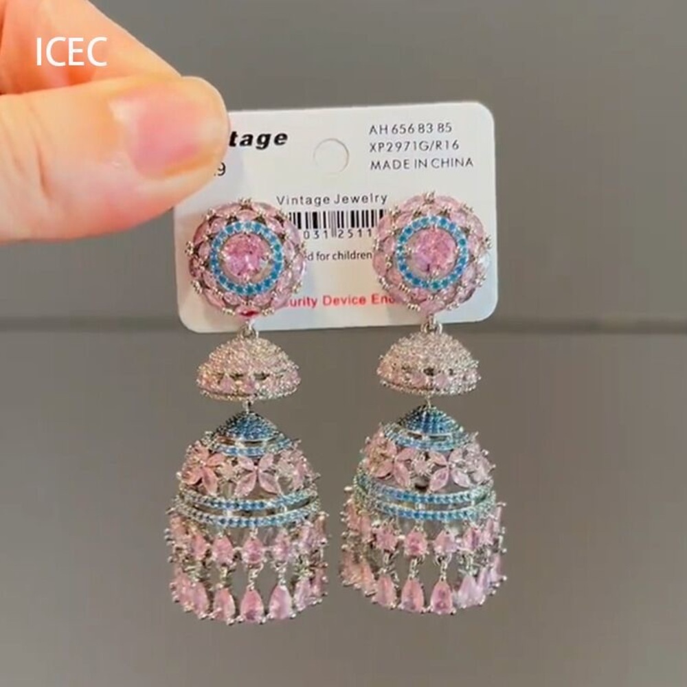 ICEC Pink and Blue Crystal Jhumka Drop Earrings